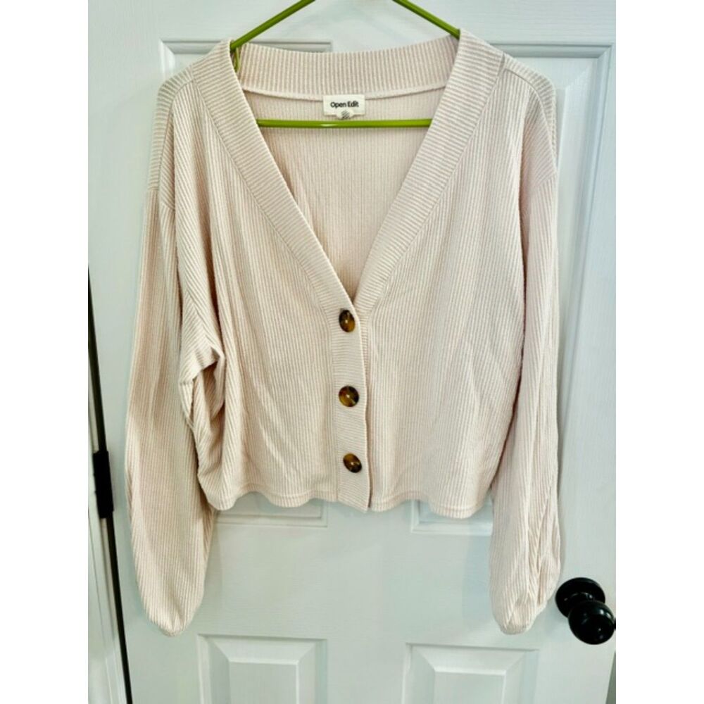 Open Edit Ribbed Knit Cropped Button Front Cardigan Lightweight Fall Size S